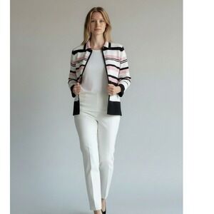 Kasper Petite Pink Black White Striped Open Front Collared Cardigan Sweater PM